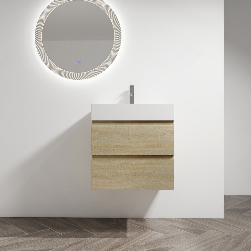 Meuble-lavabo mural 24 po avec lavabo en résine, 2 tiroirs à fermeture en douceur, ensemble KD, Chêne clair, 24"
