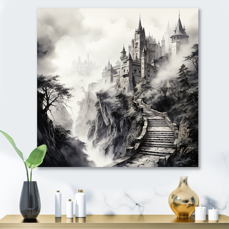 «Grey Foggy Fairytale Castle», art mural fantastique en métal, H 16 po x l 16 po