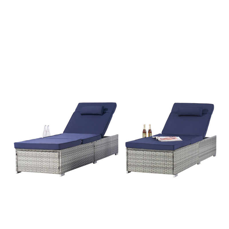 Outdoor Rattan Lounge Chairs with Adjustable Backrest （Set of 2）, Navy