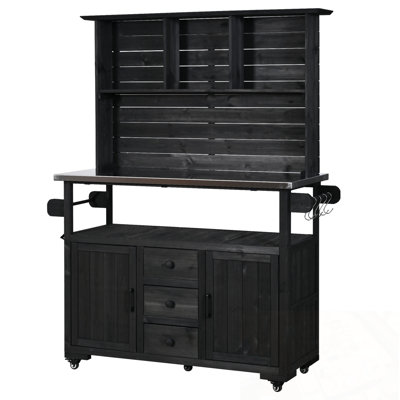 Patio Potting Bench with Lockable Wheels, Stainless Steel top, Drawers and Door Shelves