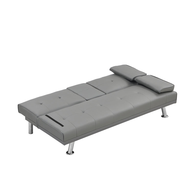 Canapé-lit convertible gris avec accoudoirs et structure en bois