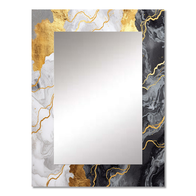 Gold And Grey Abstract Marble Mirage III - Marble Decorative Mirror, Gold Wall Mirror, Printed Metal Art, 32" x 24"