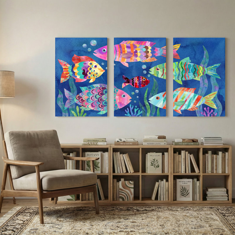 Animals Colorful Fish Underwater Art Print Set of 3 Canvas Wall Art Prints, 18" H x 36" W