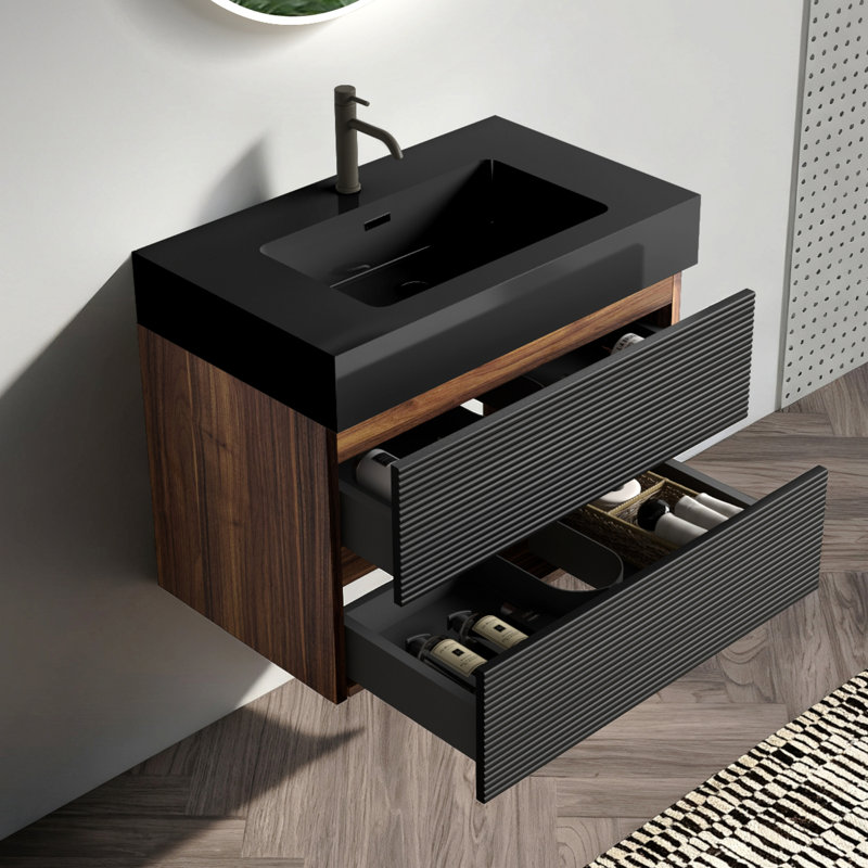 Meuble-lavabo de 30 po avec lavabo en quartz noir mat et tiroirs noirs doux, meuble-lavabo mural flottant pour salle de bain moderne, lavabo une pièce noir mat, Kd