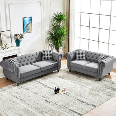 3+2 Seater Gray Velvet With Rolled Arms, Mid Century Modern Design For Living Room, Office, Apartment, 450 Lbs Capacity, High - Density Foam Cushion, Solid Frame Upholstered Roll Armrest, Ideal