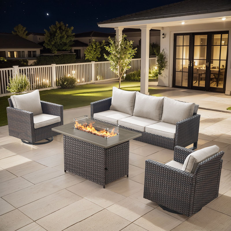 Ensemble de canapé d'extérieur 4 pièces Gymojoy, ensemble de mobilier de patio en osier avec table de foyer, osier en polyéthylène