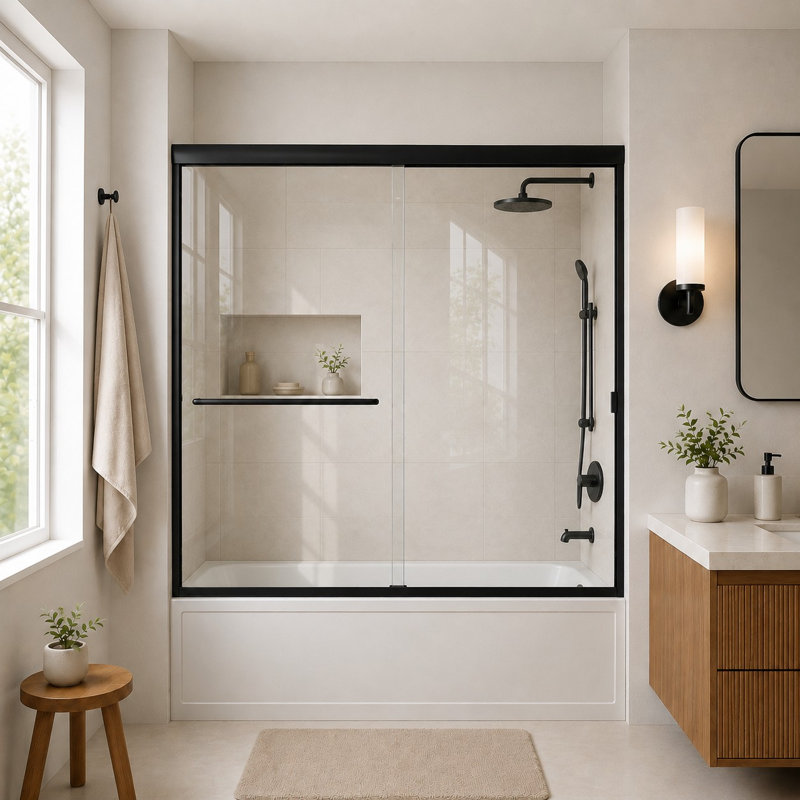 Breeze 60 in. W x 56 in. H Sliding Semi Frameless Tub Door in Matte Black Finish with Clear Glass, Matte Black