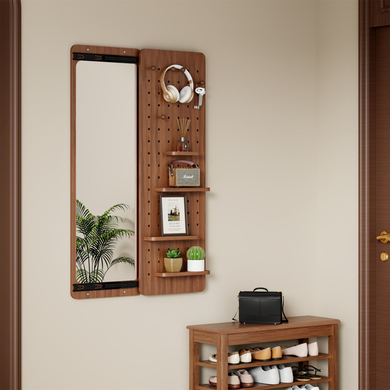 Wall Mounted Full Length Mirror, Full Body Mirror With Shelf, Full Body Mirror With Hook Wall Mounted Mirror With Multifunctional Design Panel, Bedroom/Living Room/Entrance Walnut (47.6*15.7In)