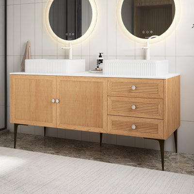 60" Pre-Assembled Freestanding Plywood Storage Cabinet Bathroom Vanity With 2 White Rectangular Ceramic Basins With Top In Oak Woodgrain Color