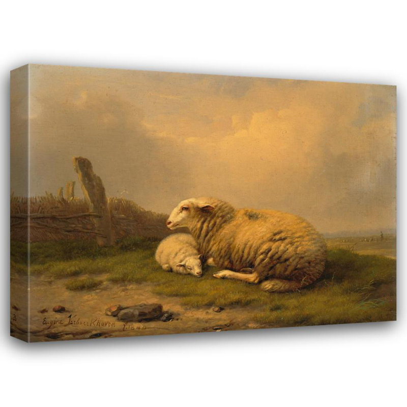 "Un mouton au repos et un agneau" par Eugène Joseph Verboeckhoven - Art mural sur toile tendue avec châssis