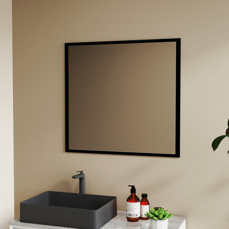 Miroir carré 32 po en aluminium noir pour couloir, grande surface de réflexion, cadre, design contemporain, miroir de salle de bain mural facile à installer, processus intemporel