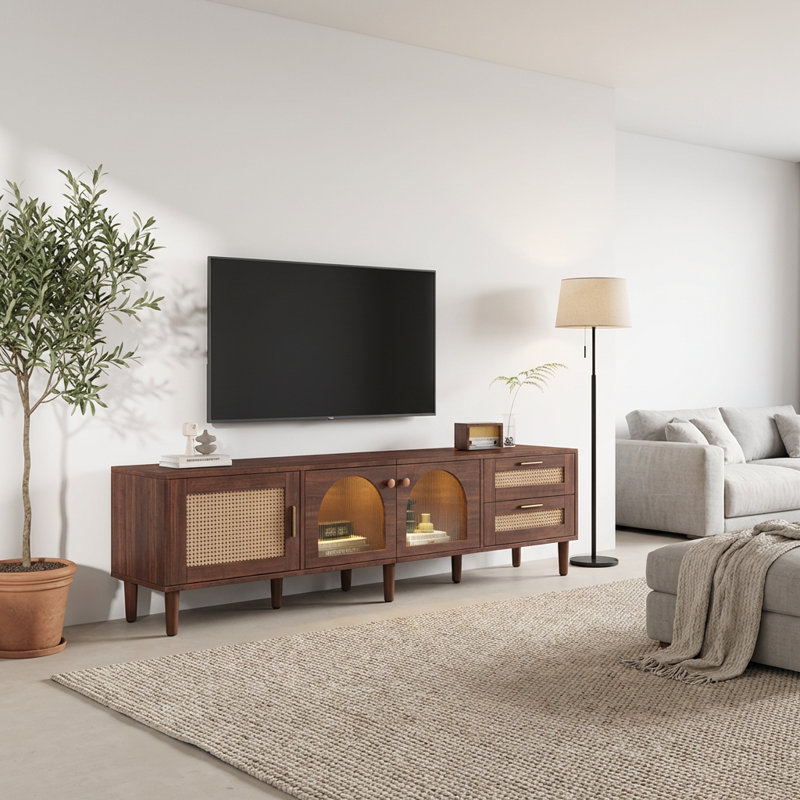 Modern Media Console with App-Controlled LED Lighting and Rattan Accent Doors