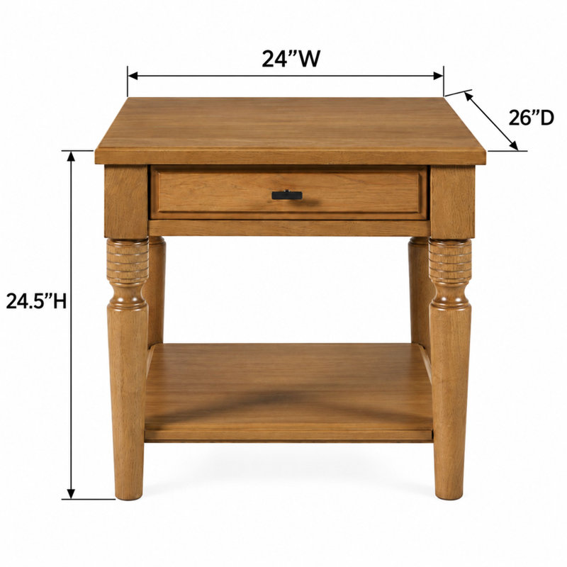 Table d'appoint Deemston avec tiroir et tablette de rangement, placage en hickory couleur amande, Brown