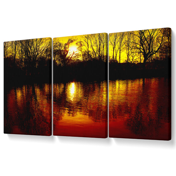 Union Rustic Ochre Lake Reflections At Sunset - 3 Piece Wrapped Canvas ...