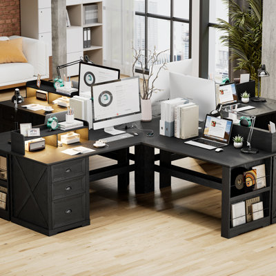 Computer Desk With Monitor Shelf, Rgb Led Lights And Built-In Charging Station , Modern Executive Desk With File Drawers