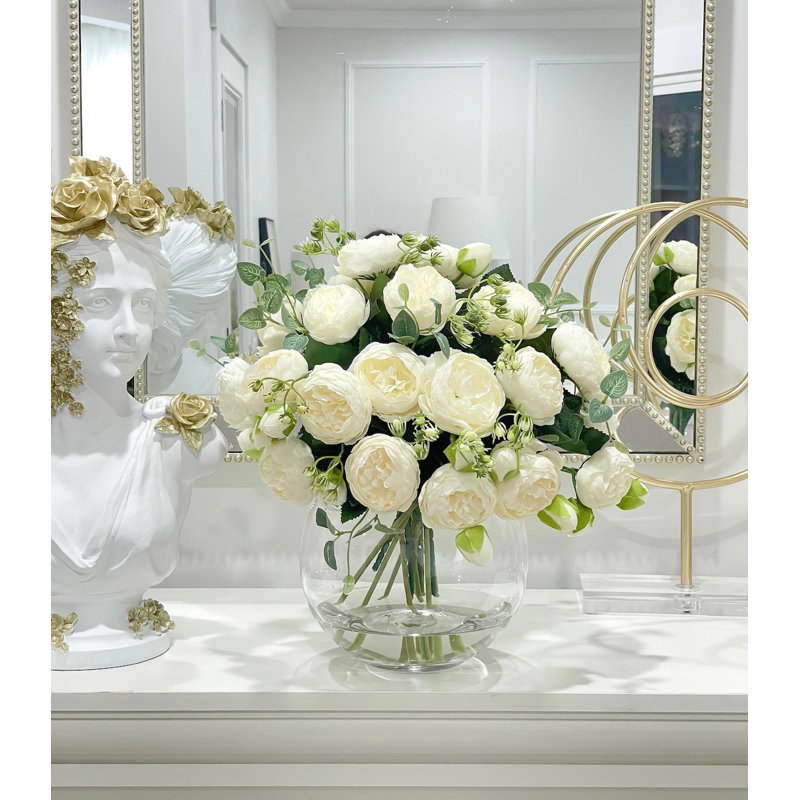 White Peony Faux Centerpiece In Glass Vase, White