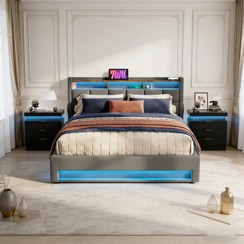 3-Piece Bedroom Set ,Upholstered Platform Bed With A Hydraulic Storage System , LED ,USB Charging And 2 LED Nightstand, Queen