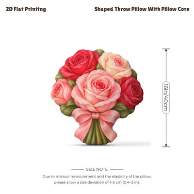 2D Flat Watercolor Rose Bouquet Plant Lover Gift 2D Flat Printed Shaped Filling Pillow Decorative Cushion, Suitable for Sofa Bed Dressing Table Chair, And Romantic Room Decor Shape Inspiration 40cm