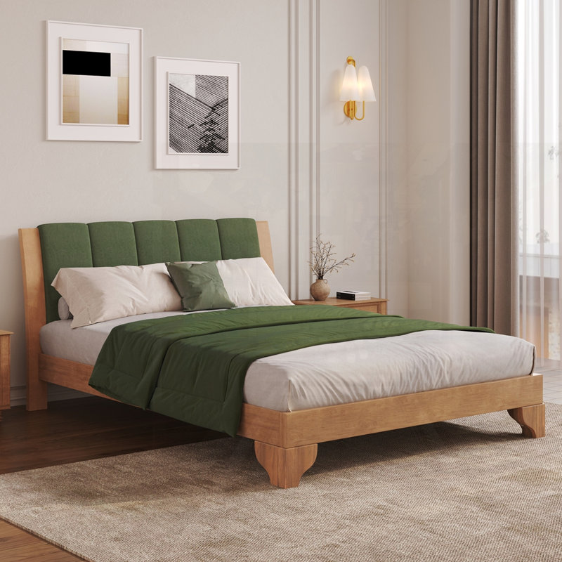 Base de lit en bois avec tête de lit Mid-Century, Naturel, Grand