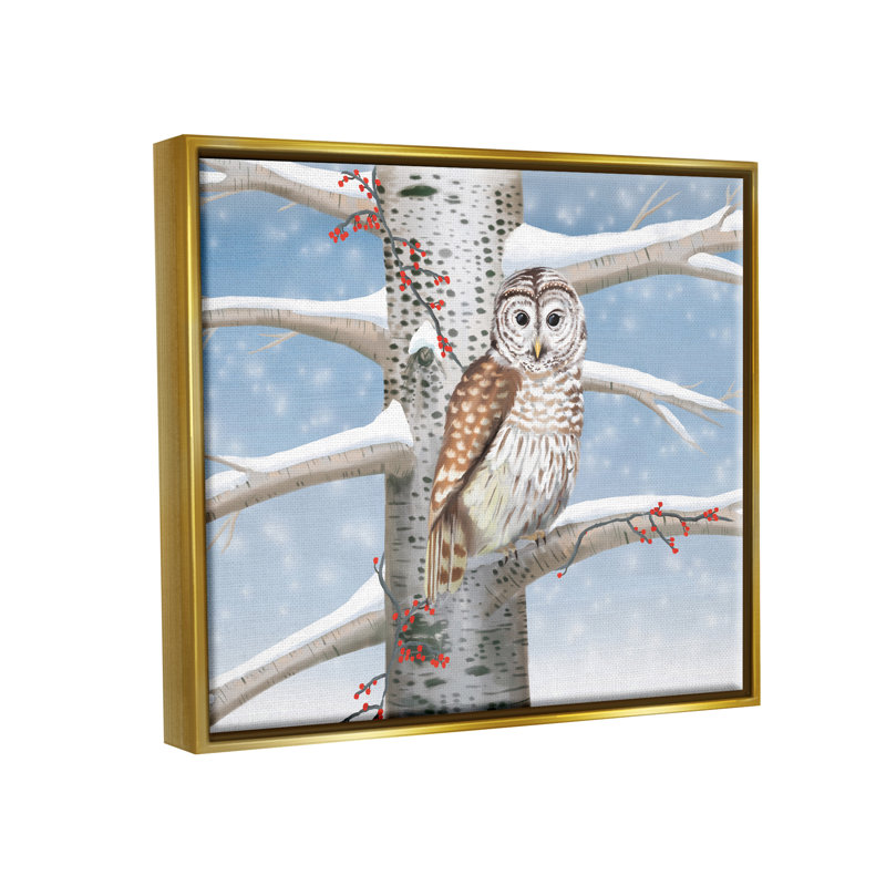 «Snowy Birch Tree Owl» par Caro Windmuller, impression, H 25 po x l 31 po x P 1,7 po, Cadre flottant métallique doré
