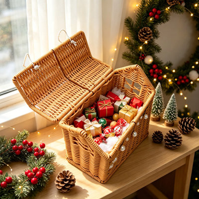 Thème de Noël en faux rotin tressé en forme de maison panier de rangement avec poignée Mignon décor champêtre pour les mariages
