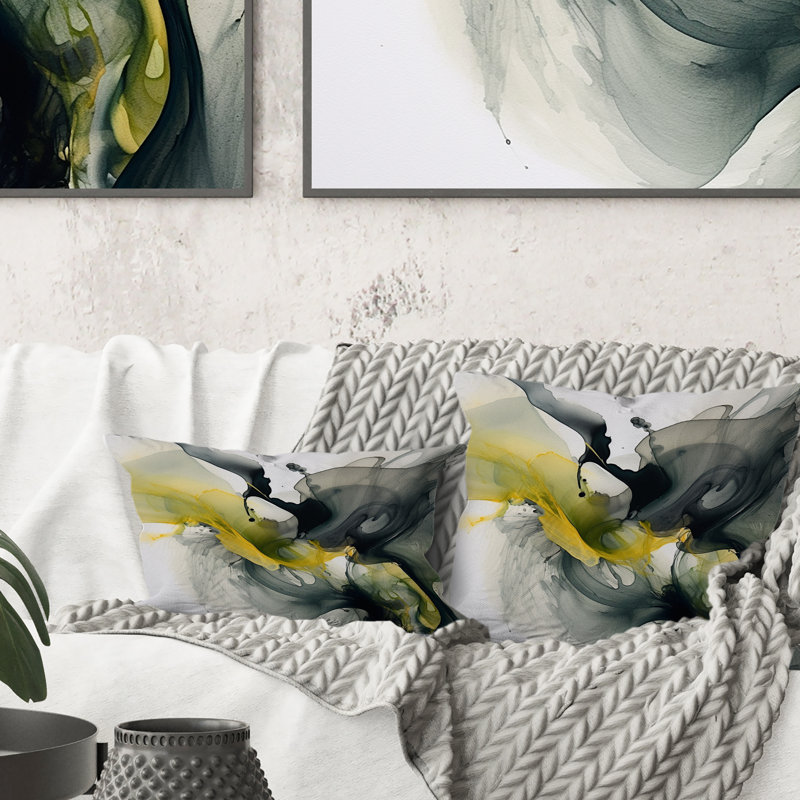 Coussin décoratif noir et jaune à imprimé fractal