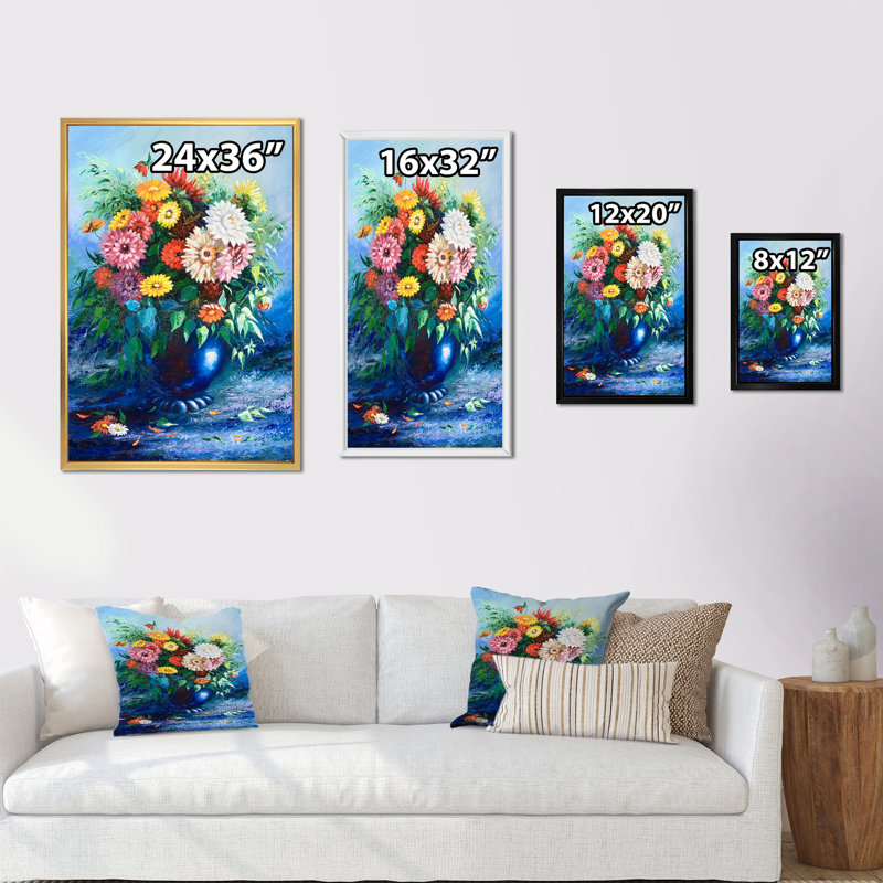 Bouquet de fleurs bleues - art mural traditionnel sur toile, H 20 po x l 12 po x P 1 po, Toile avec cadre flottant noir