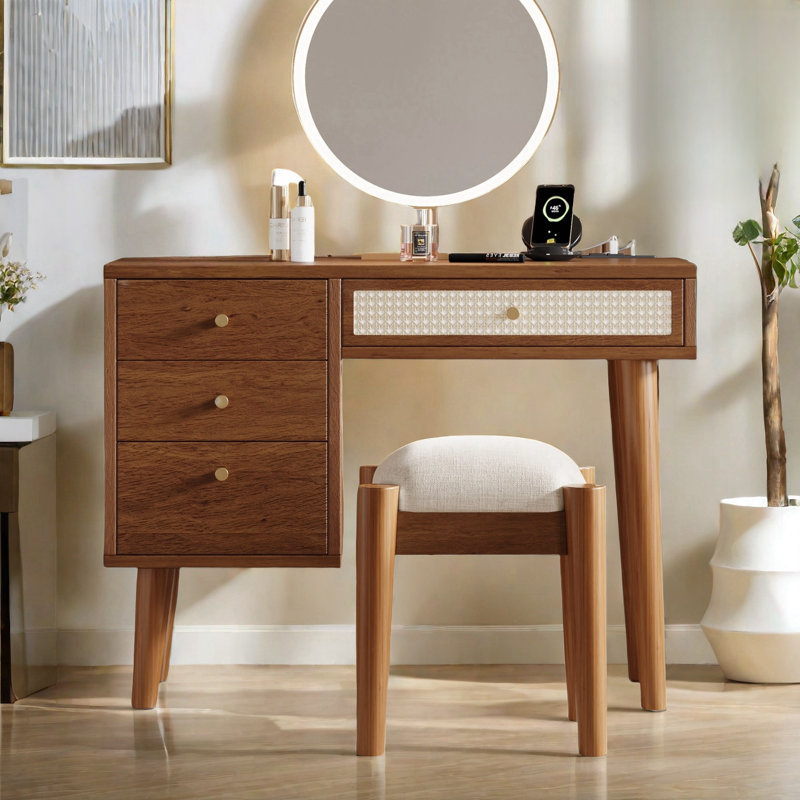 Ensemble coiffeuse style bohème avec 4 tiroirs, prise de charge, port USB et tabouret, Noyer