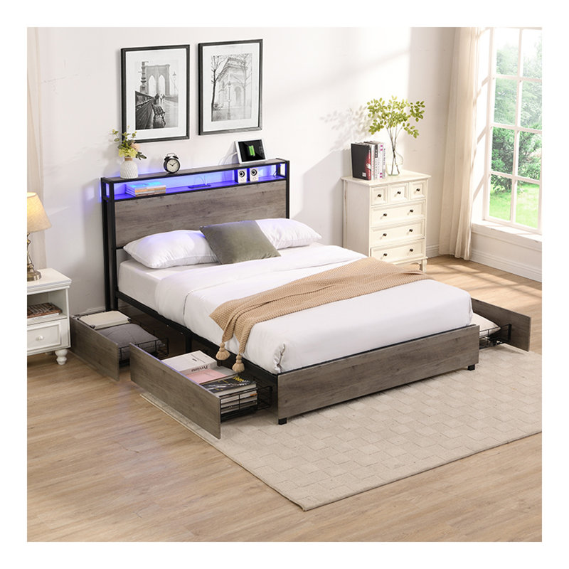 Bed Frame, Storage Headboard With Charging Station, Solid And Stable, Noise Free, No Box Spring Needed, Easy Assembly, Full