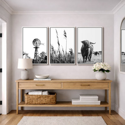 Highland Cow Country Landscape Black And White Photography, Rustic Modern Farmhouse Wall Pictures, Giclee Canvas Digital Print Framed Wall Art