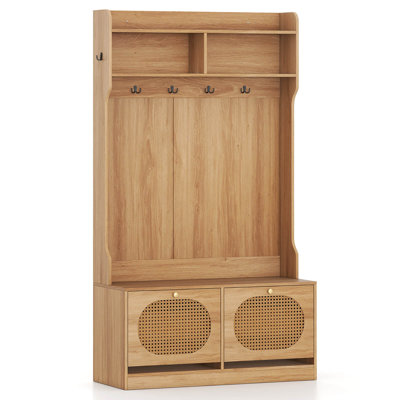 4-In-1 Hall Tree Entryway Bench with Coat Rack & Flip Drawers 6 Dual-Hook Hangers Natural