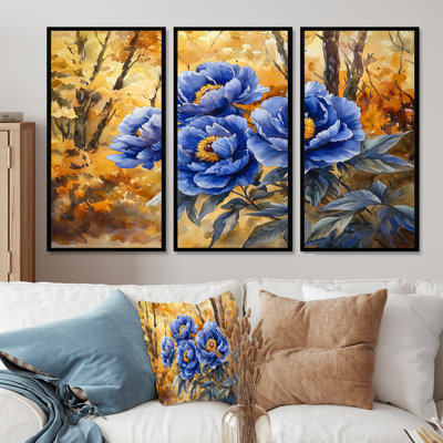 Pivoines bleues dans le verger - art mural pivoines pour le salon - ensemble de 3