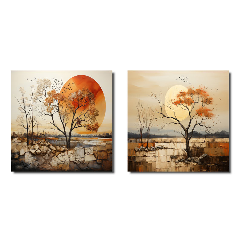 Baobab Tree Harmony - Ensemble de 2 arbres carrés de collage, H 36 po x l 73 po, Toile tendue