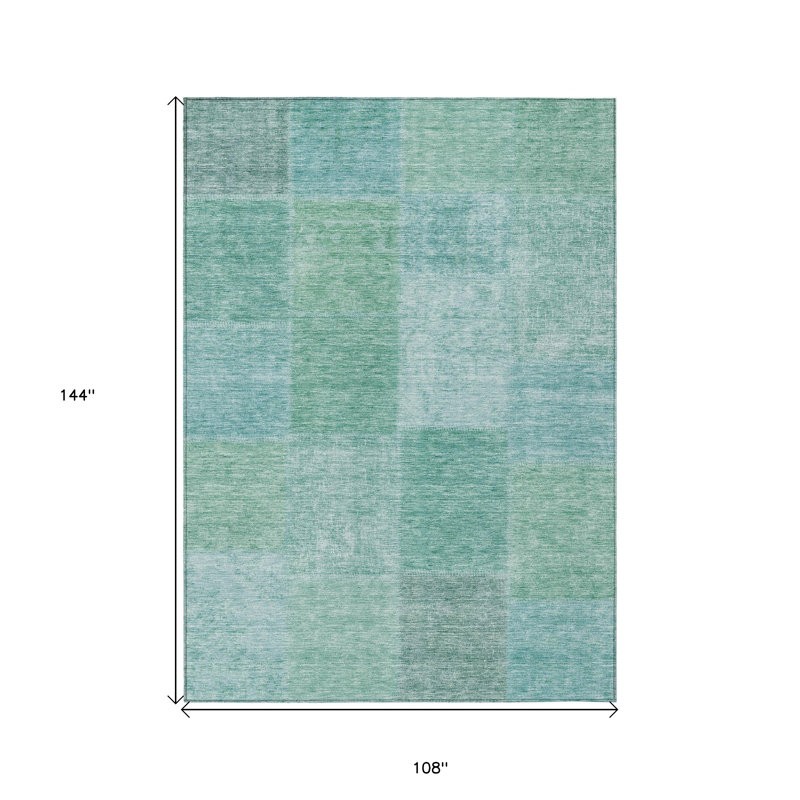 Teal Blue Sage And Green Patchwork Washable Indoor Outdoor Area Rug, Rectangle 9' x 12'