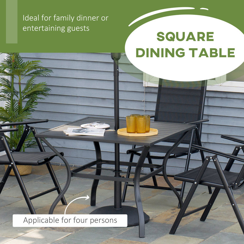 Grantsburg Garden Table with Parasol Hole for Four, Slatted Metal Plate Top, Black