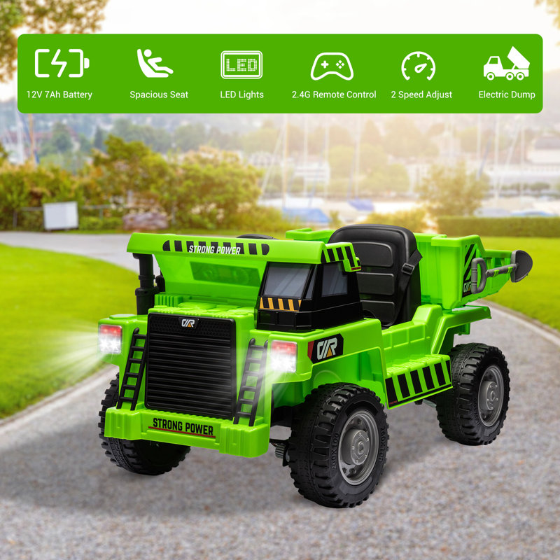 Green 12V Ride-On Dump Truck with Electric Bed