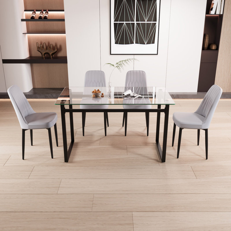 Ensemble de table de salle à manger pour 4 personnes en verre, ensemble de cuisine avec pieds et table en métal noir