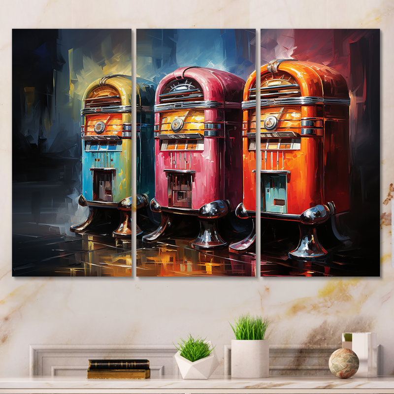 «Colorful Modern Jukebox Jams 2 - Jukeboxes», art mural, H 28 po x l 36 po x P 1 po, Toile tendue