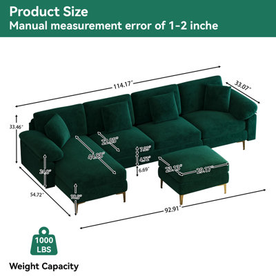 Canapé modulaire en chenille en U 114 po avec méridienne et pieds dorés