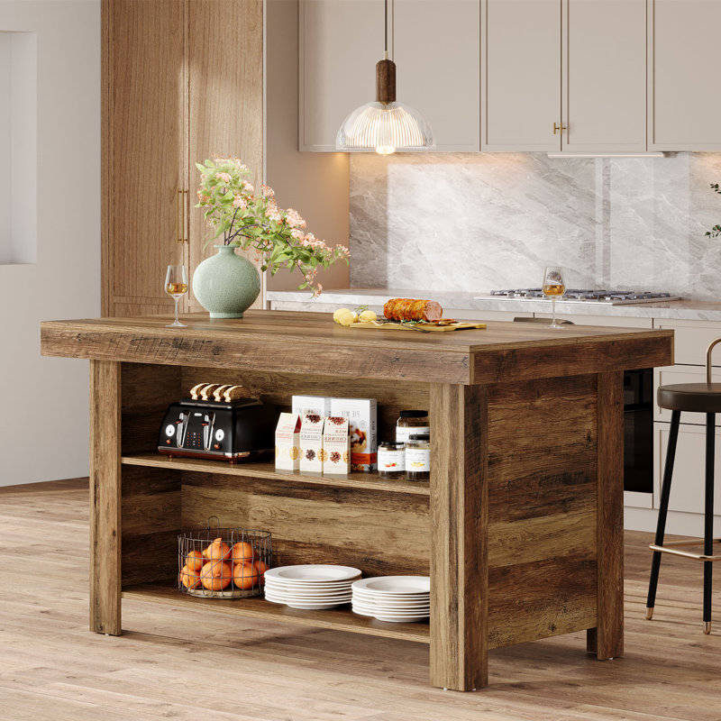Îlot de cuisine de ferme avec tablettes de rangement, table d'îlot de 55 pouces avec grand comptoir, Brun