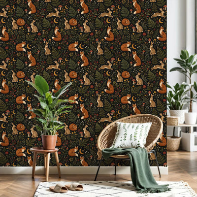 Peel and Stick Wallpaper Woodland Foxes Rabbits Among Forest Plants Mushrooms Dark Contact Paper Removable Self Adhesive Wall Mural Wall Decor for Bedroom Kitchen Cabinets 24in x 118in