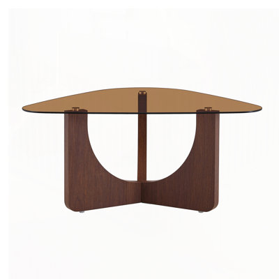 Vintage-Style Triangular Coffee Table, Tempered Glass Top and Wood-Colored MDF Triangular Legs, Ideal as Sofa Side Table, Corner Table or Portable Cof