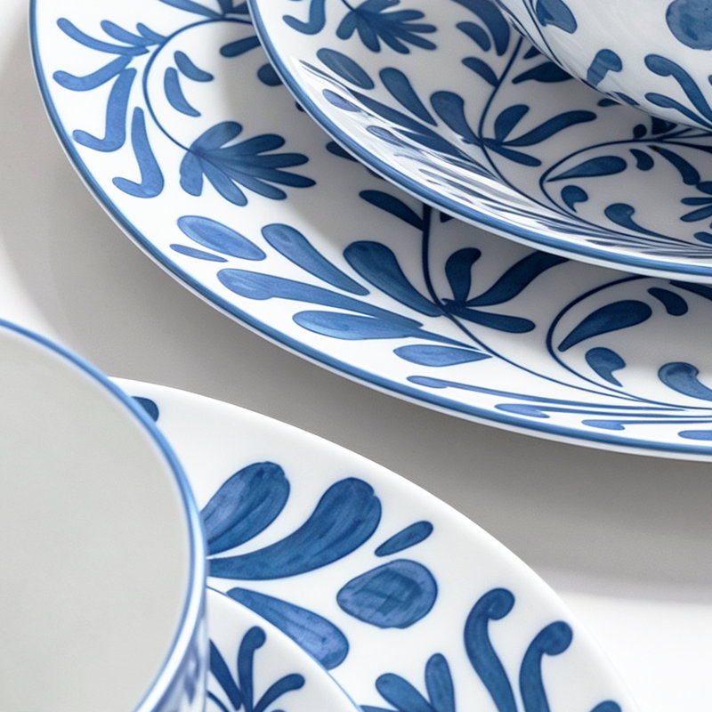 Service de table en porcelaine 24 pièces, assiettes à fleurs bleues et vertes, service pour 6, Blue