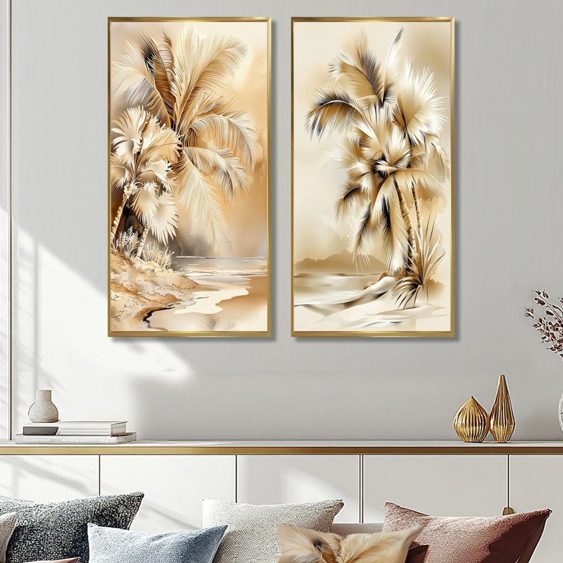 «Maui's Beach Tropical Palms Landscape I - Palm Trees», ensemble d'art mural, H 32 po x l 32 po, Cadre flottant doré