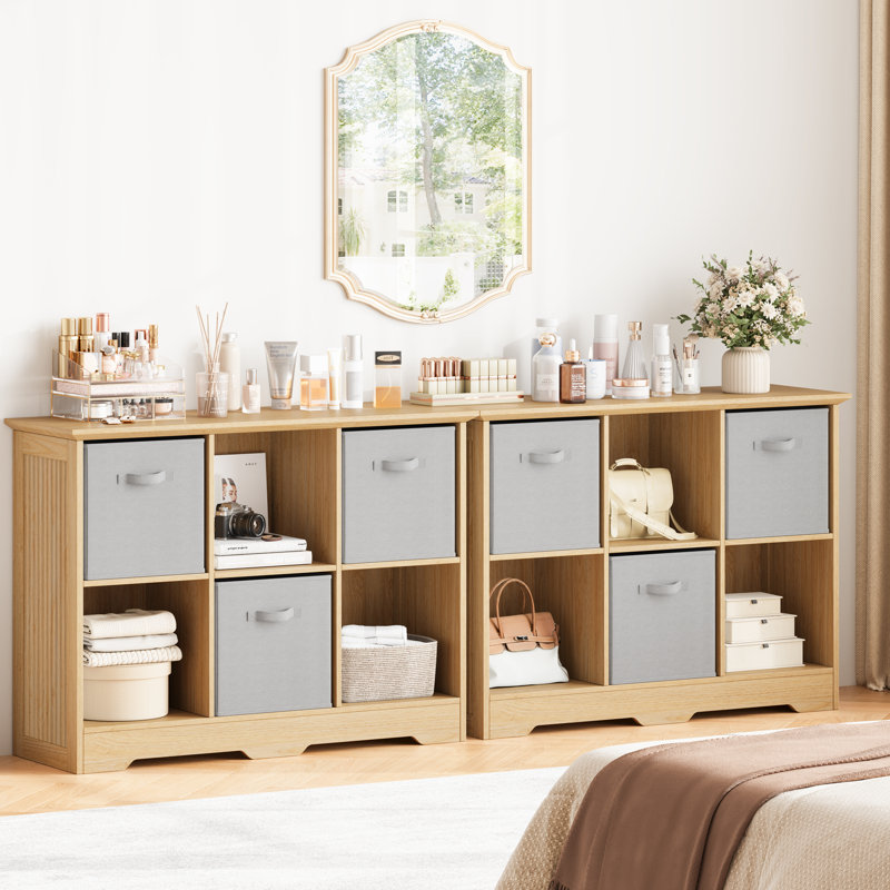 Bibliothèque de 6 cubes de 37 po de largeur avec 3 bacs pliables en tissu, Naturel