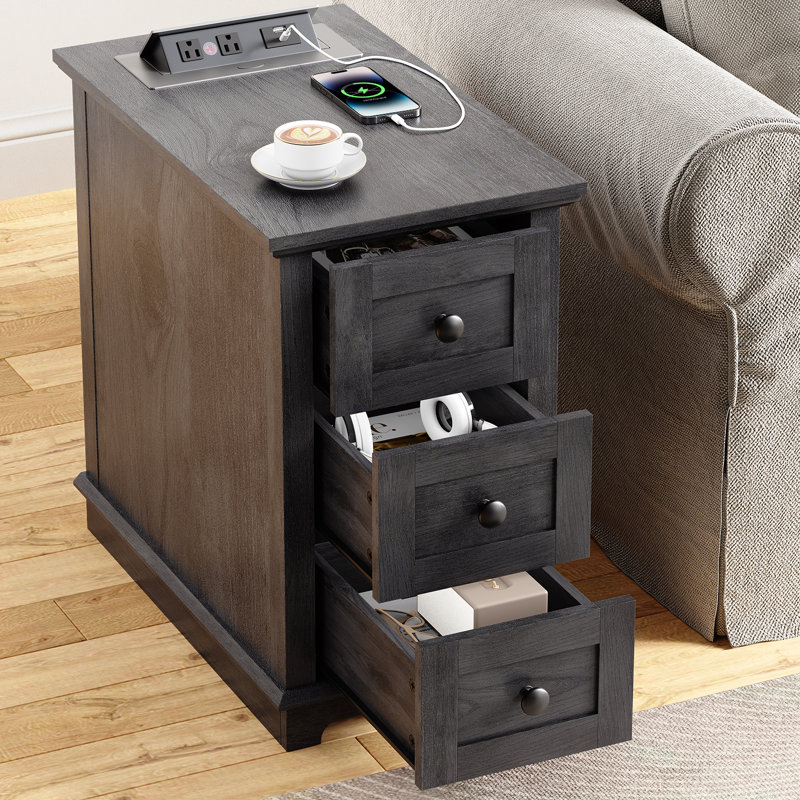 3 Drawers End Tables with Storage and Built-in Outlets for Living Room, 1, Black Top/Black Base
