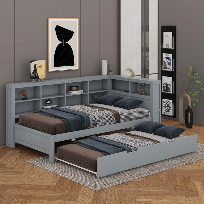 Twin Size Wooden Daybed With Storage Shelf,Trundle And USB Charging Ports, Gray