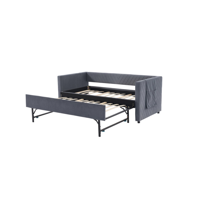 Twin Size Upholstered Daybed With Trundle,USB Port ,Side Pockets, Modern V-Grained Backrest Design,No Box Spring Needed, For Bedroom, Guest Room ( Grey, Twin)