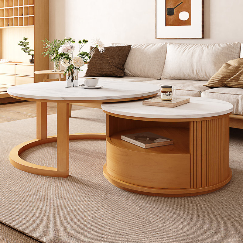 Table basse ronde emboîtable avec plateau en marbre blanc (table incluse seulement)