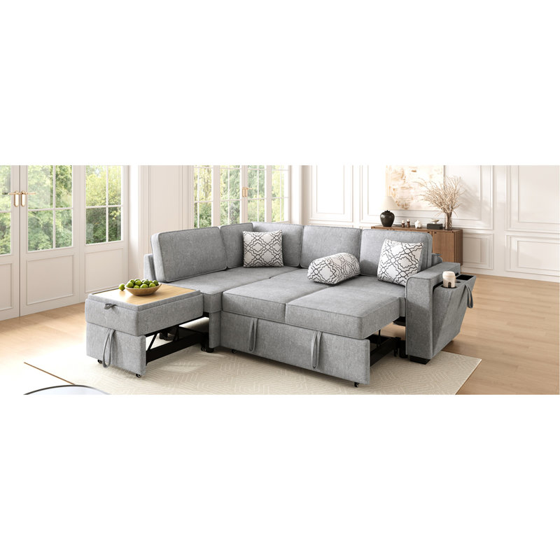 Grey 83.9" L-Shaped Sleeper Bed With Dual , Flip-Top Table, Armrest Charging And Storage, Easy Assembly For Small Space Storage Box, To Up Guest Room
